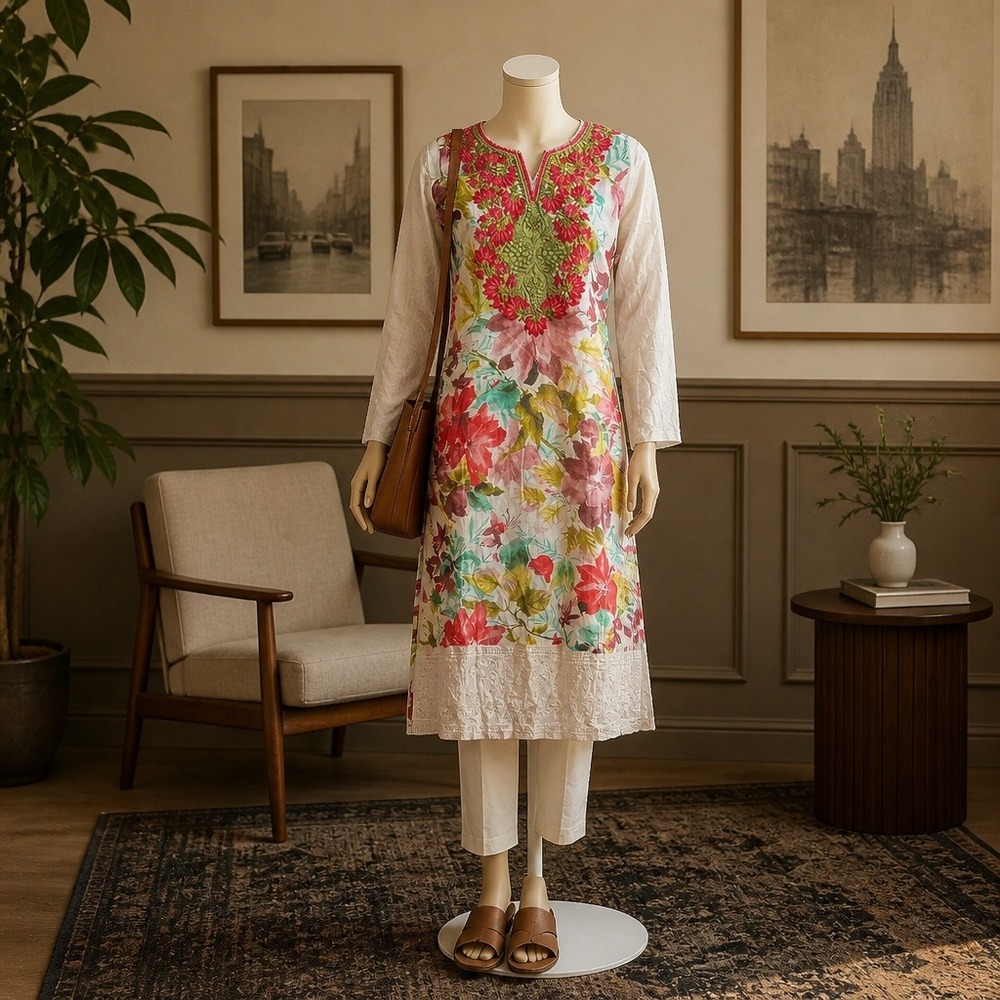 Floral Embroidered Rhinestone Tunic Midi Dress Lace Trim Sheer Lg Sleeve Peasant
